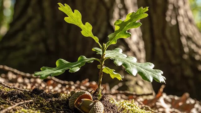 Oak Sprout Emerges From Acorn on Mossy Forest Floor Under Bright Sunlight Near Tree Trunk in Close Up Low Angle Still Life Composition