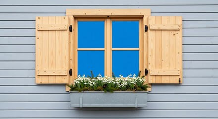 Obraz premium Charming Window with Wooden Shutters and Flower Box on Gray Siding.
