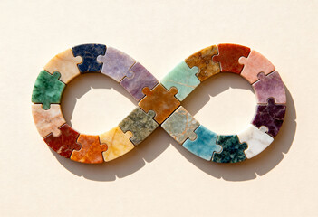 Colorful marble puzzle infinity symbol with stone texture representing neurodiversity, autism acceptance and the spectrum of developmental conditions in unity
