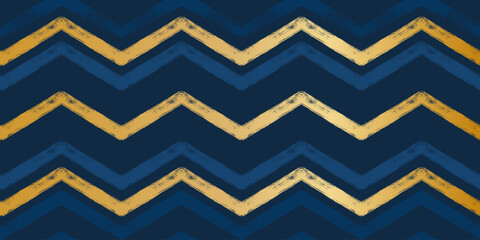 Gold and blue Christmas pattern, zigzag stripes seamless vector background. Abstract chevron lines, striped lines print