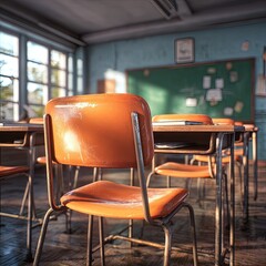 Empty Classroom With Vintage Orange Chairs