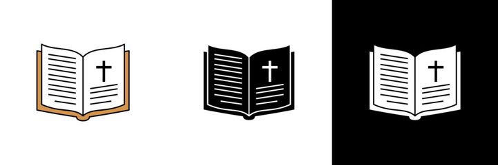 An open Bible illustration with a cross on its pages, representing faith, spirituality, and devotion. Available in colored, black, and white versions for religious or church-related designs.