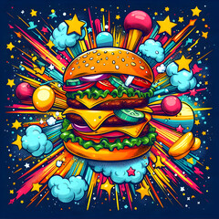  Pop Art vector illustration of an exploding cheeseburger floating in outer space. Bold colors, thick outlines, comic book style