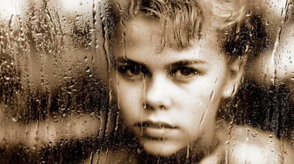 Faded sepia portrait of a 1940s child behind rain-streaked glass, symbol of memory and time passing, Holocaust Remembrance Day concept.