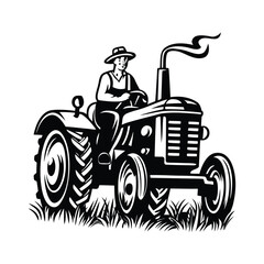 Farmer in hat drives old tractor through grass in a monochrome rendering