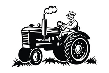 Farmer in hat driving a vintage tractor through grass in monochrome style