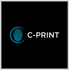 Modern C-Print logo design with a unique blue digital fingerprint graphic, encircled, symbolizing secure identity and innovative printing technology on a clean dark background