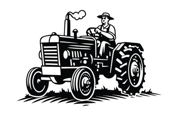 Monochrome farmer drives an old tractor through the field with smoke billowing from the stack