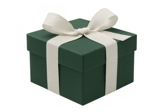Green gift box representing presents, holidays, and celebrations. White ribbon and bow adding elegance. Transparent background