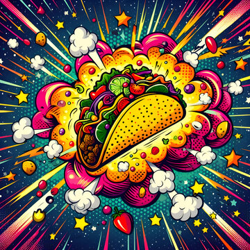  Pop Art vector illustration of an exploding taco floating in outer space. Bold colors, thick outlines, comic book style 