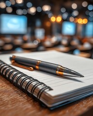 Sleek pen rests on open notebook in conference room, ready for note taking. blurred background of presentation screen and warm lights creates focused atmosphere