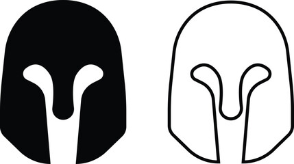 Spartan helmet icon set in black flat and outline styles. Ancient warrior helmets vectors, trojan signs. minimalist greek armor design and medieval protection symbols illustration for logo and emblem.