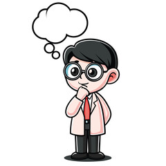 Cartoon student in lab coat with glasses appears to be thinking carefully now
