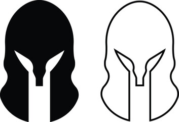 Spartan helmet icon set in black flat and outline styles. Ancient warrior helmets vectors, trojan signs. minimalist greek armor design and medieval protection symbols illustration for logo and emblem.