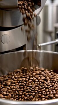 輝くステンレス製コーヒーホッパー、新鮮なオーガニックコーヒー豆で満たされる様子