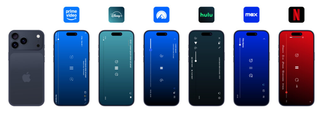 video player UI pack. Prime Video, Disney+, Paramount+, Hulu, Max, and Netflix in iphone 17 pro max mobile video player UI comparison and streaming app interface mockup