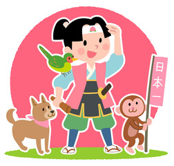 猿、犬、キジを連れた桃太郎　もも太郎