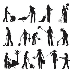 Black silhouettes show multiple women gardening using various tools and implements effectively outdoors