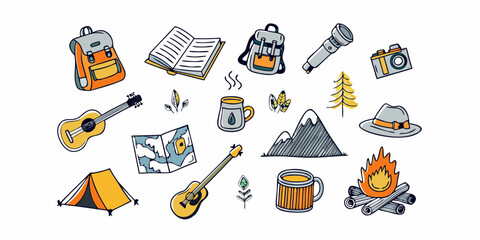 Collection of hand drawn outdoor adventure and camping icons with a whimsical style