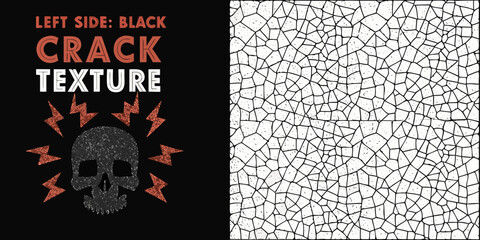 Abstract cracked pattern texture with skull and lightning bolts on black background