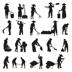 Obraz premium Silhouette art shows Asian workers with traditional conical hats farming and using various equipment