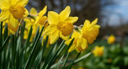 Fototapeta premium Close-up of vibrant yellow daffodils, bright sunlight, lush green foliage