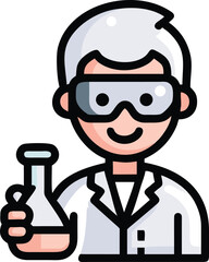 Smiling cartoon scientist wearing protective goggles is holding a glass flask in the lab