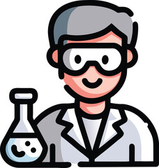 Scientist wearing protective eyewear and a lab coat is holding a flask happily