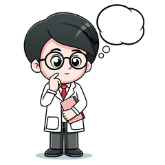Asian cartoon scientist considers an idea holding a book and wearing glasses