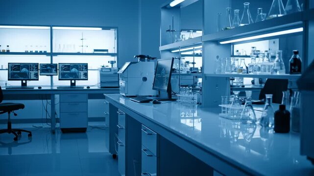 A modern laboratory with blue lighting, lab equipment, and computers