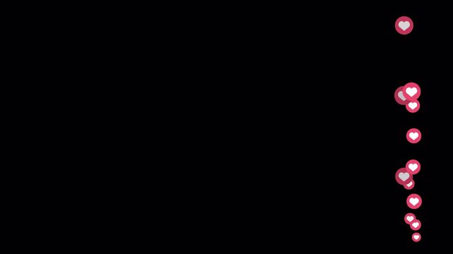 Social media live streaming with animated like and hearts on alpha channel. Alpha channel, transparent background. 4K animation video