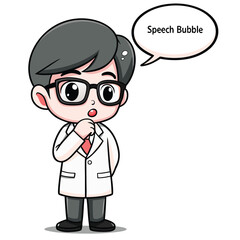 Animated doctor in lab coat is pondering near speech bubble