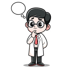 Thoughtful young cartoon doctor with glasses wearing a white coat is contemplating ideas