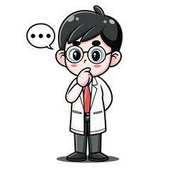 Asian cartoon doctor with glasses appears to be thinking about a solution quietly
