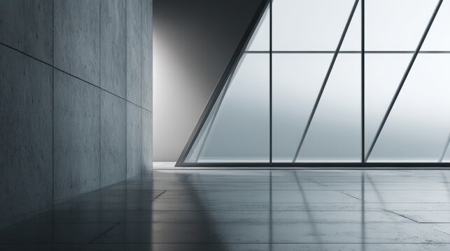 Empty Modern Interior with Concrete Wall and Angular Glass Window