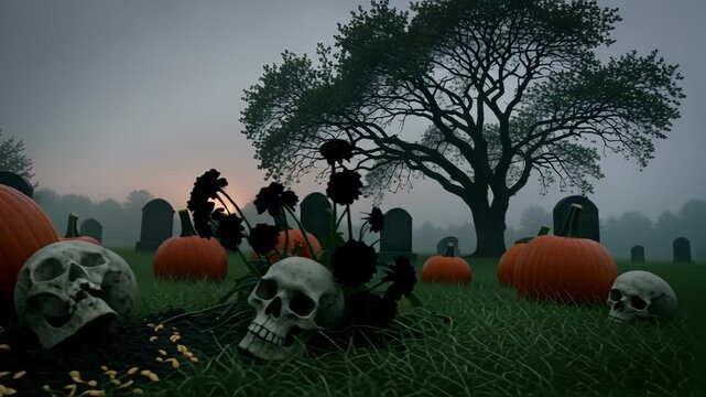 Spooky graveyard at dusk: An eerie scene unfolds in a graveyard at dusk. Skulls and pumpkins dot the grassy expanse as tombstones cast long shadows against a gloomy sky.