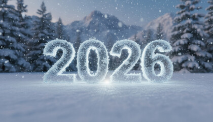 In a snowy landscape, large ice letters spell out the year 2026. The scene is tranquil with gently falling snow, tall evergreen trees, and distant mountains providing a serene winter setting