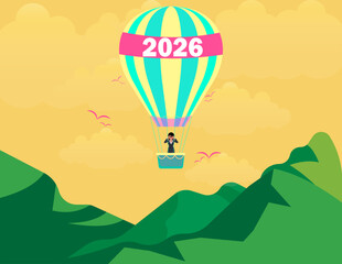 Year 2026 vision, Achievement or plan for success. Businesswoman flying with 2025 balloons with telescope.