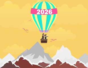 Year 2026 vision, Group of business people flying in the sky on hot air balloons and planning ahead. looking through spyglass over mountain peaks