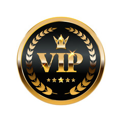 Golden luxury label with Crown, laurel wreath and 5 stars, VIP sign. Luxury VIP badge. Premium quality sticker. Vector illustration isolated for best product seals and banners