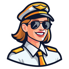 Smiling blonde woman wearing a pilot hat and sunglasses poses gracefully for aviation enthusiasts