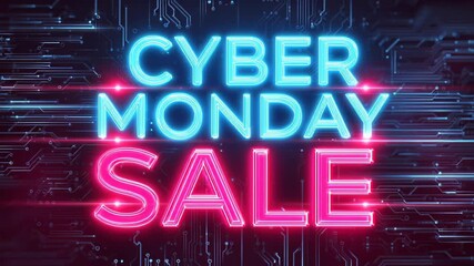 Neon cyber monday sale sign with glowing circuit board background - Powered by Adobe
