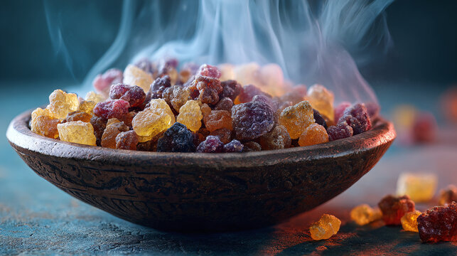 Aromatic resins fill a rustic bowl, releasing fragrant smoke. The blend creates a soothing atmosphere and adds natural beauty to any space.