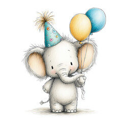 Cute Baby Elephant with Two Balloons and Birthday Cap Watercolor Isolated on White Background