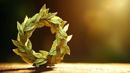 laurel. Woven laurel wreath of fresh bay leaves in sunlight, classical victory symbol. event programs, museum guides, designed for cultural heritage projects and event programs.