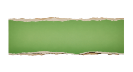 Long horizontal strip of torn green paper, rough torn edges, cardboard texture, isolated on white transparent background, minimal paper mockup PNG Clean