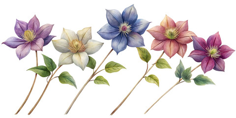 Fototapeta premium A collection of five watercolor clematis flowers in various colors including purple, cream, blue, and pink, isolated on transparent background
