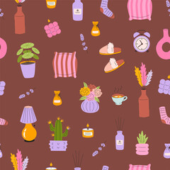 Cozy home and self-care seamless pattern with plants, candles and pillows on brown background, flat vector illustration