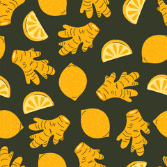 Lemon and ginger seamless pattern on dark green background, healthy food vector illustration