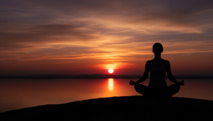 Fototapeta premium A figure sits in a cross-legged position, meditating on a rocky shore. The sun sets over the calm lake, casting beautiful colors across the sky and water, creating a peaceful atmosphere
